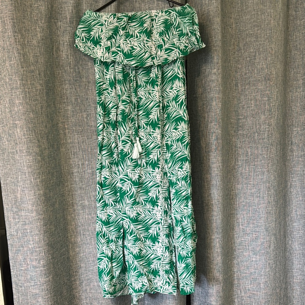 Strapless Green Leaf Print Dress